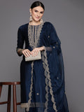 Indo Era Blue Embroidered Straight Kurta Trousers With Dupatta Set - Distacart