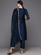 Indo Era Blue Embroidered Straight Kurta Trousers With Dupatta Set - Distacart