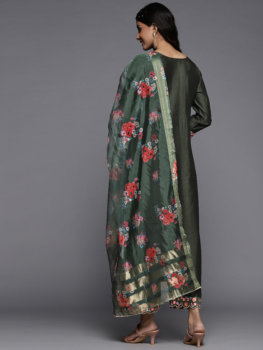 Indo Era Green Embroidered Straight Kurta Palazzos With Dupatta Set