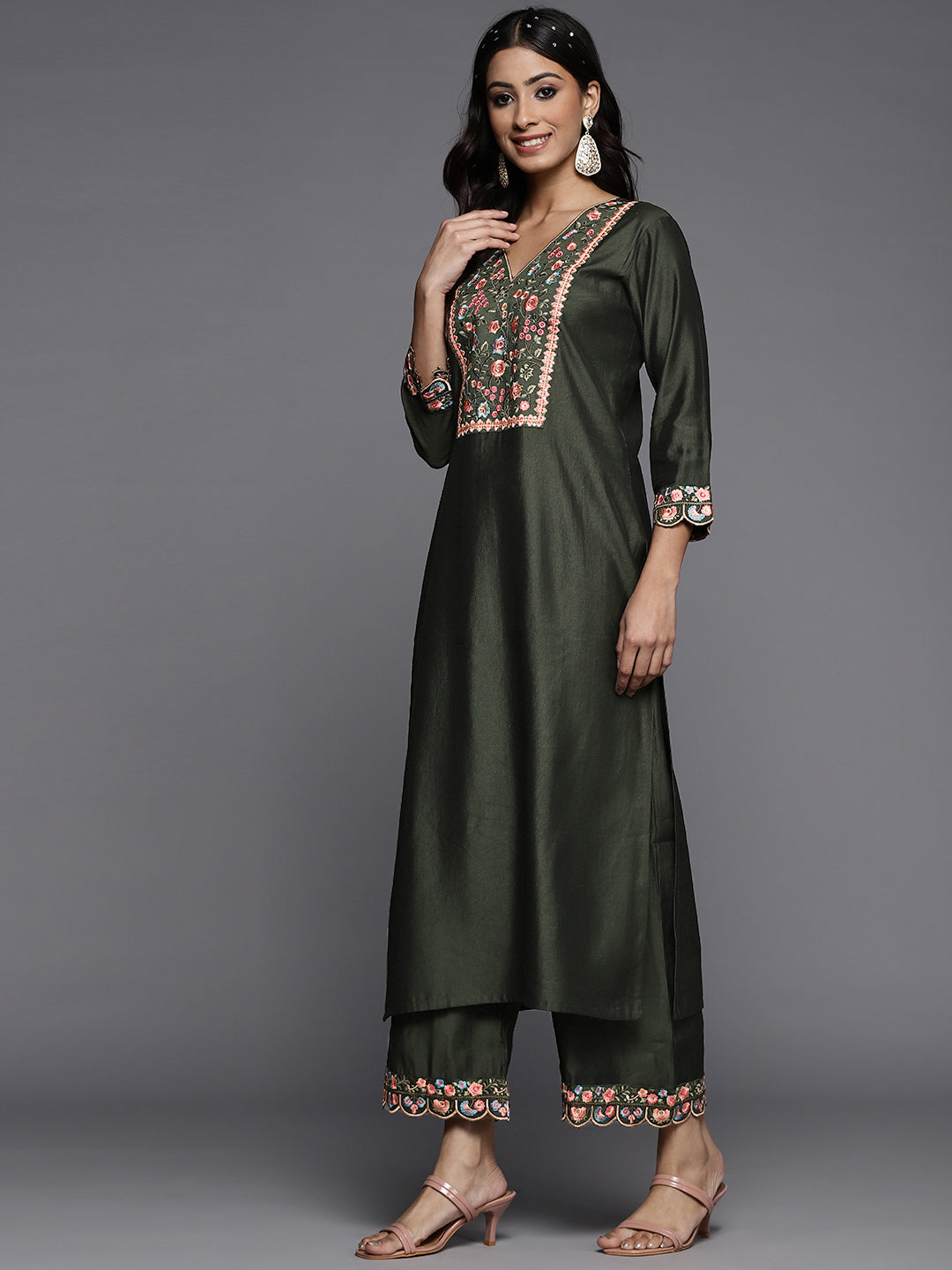 Indo Era Green Embroidered Straight Kurta Palazzos With Dupatta Set