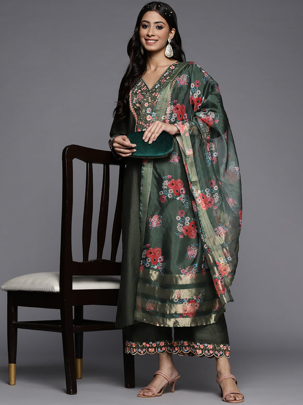 Indo Era Green Embroidered Straight Kurta Palazzos With Dupatta Set