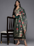 Indo Era Green Embroidered Straight Kurta Palazzos With Dupatta Set