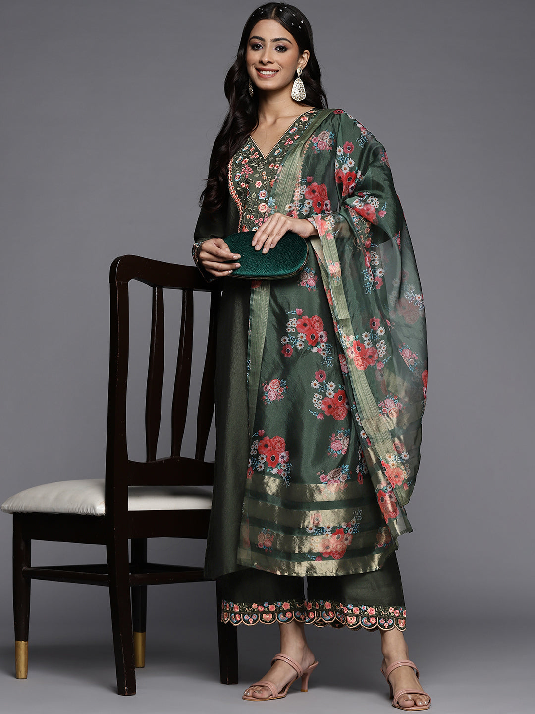 Indo Era Green Embroidered Straight Kurta Palazzos With Dupatta Set