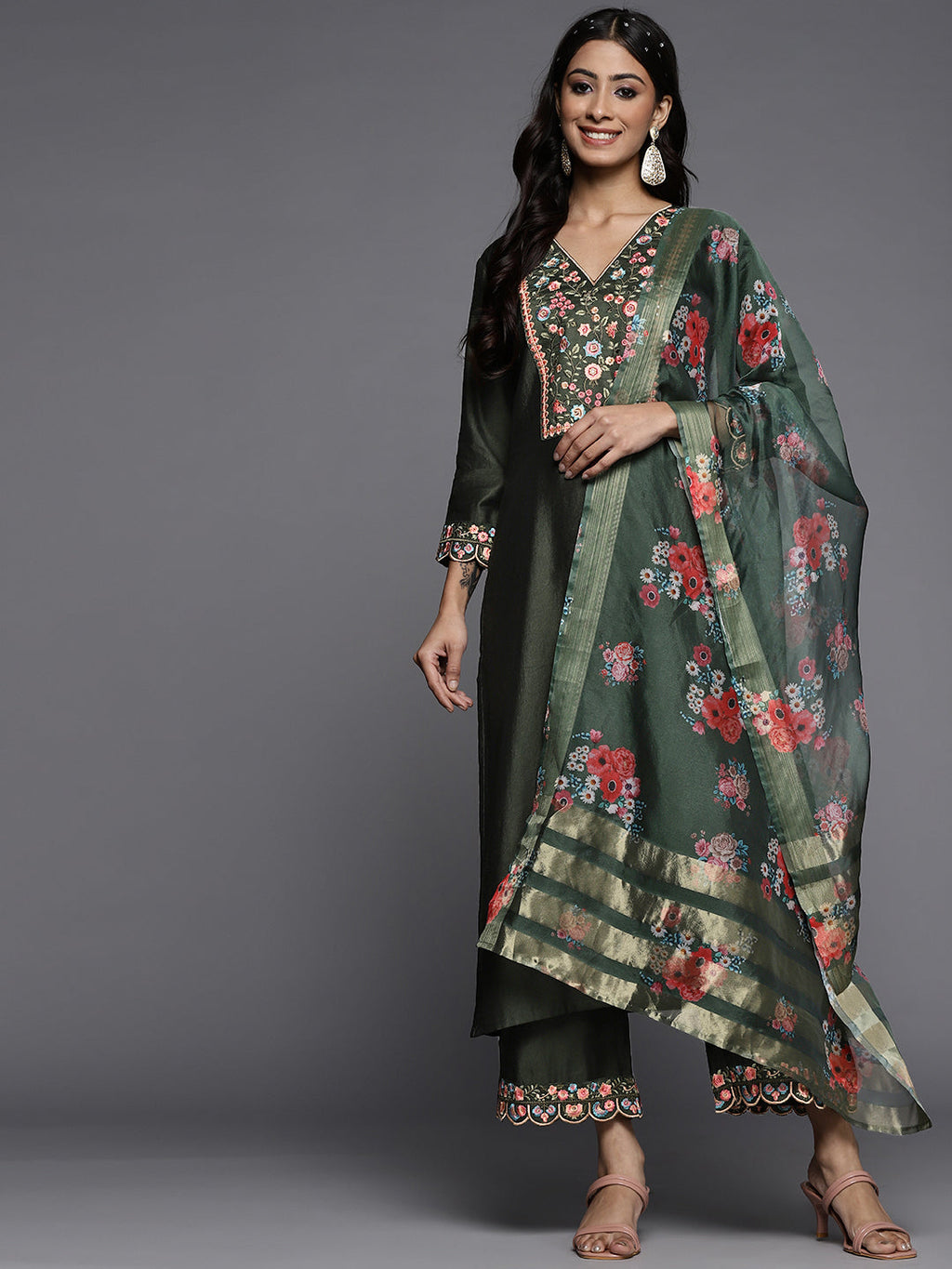 Indo Era Green Embroidered Straight Kurta Palazzos With Dupatta Set
