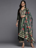 Indo Era Green Embroidered Straight Kurta Palazzos With Dupatta Set