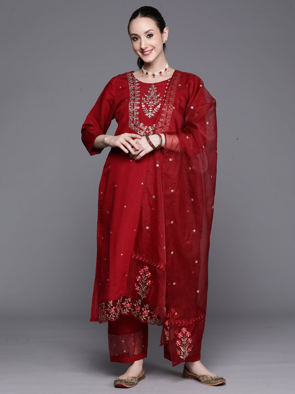 Indo Era Maroon Embroidered Ethnic Straight Kurta Trousers With Dupatta Set - Distacart