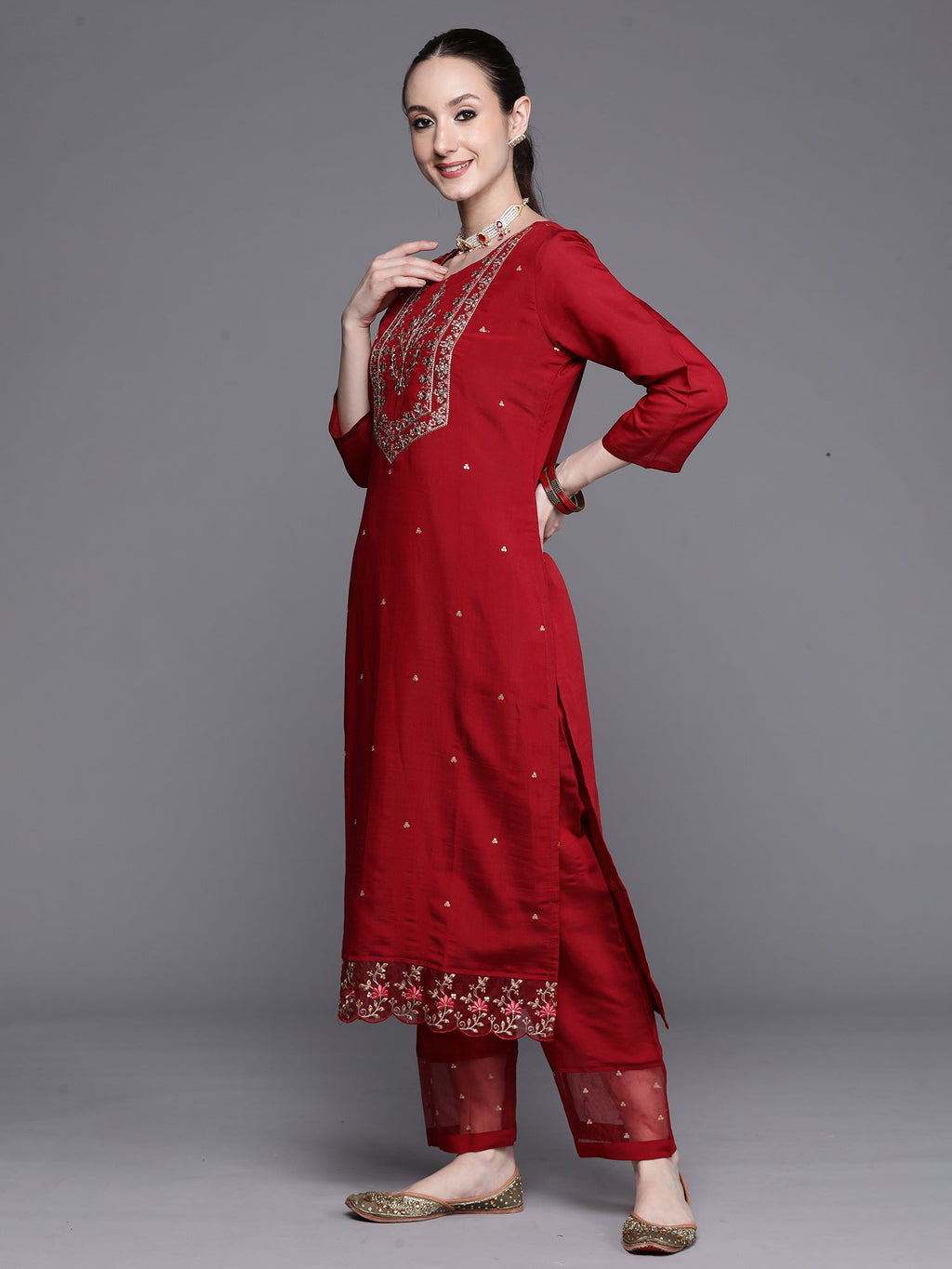 Indo Era Maroon Embroidered Ethnic Straight Kurta Trousers With Dupatta Set - Distacart