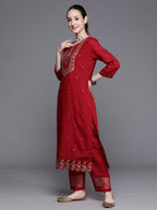 Indo Era Maroon Embroidered Ethnic Straight Kurta Trousers With Dupatta Set - Distacart