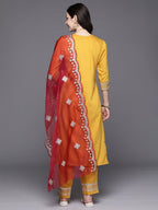 Indo Era Mustard Embroidered Straight Kurta Trousers With Dupatta Set - Distacart