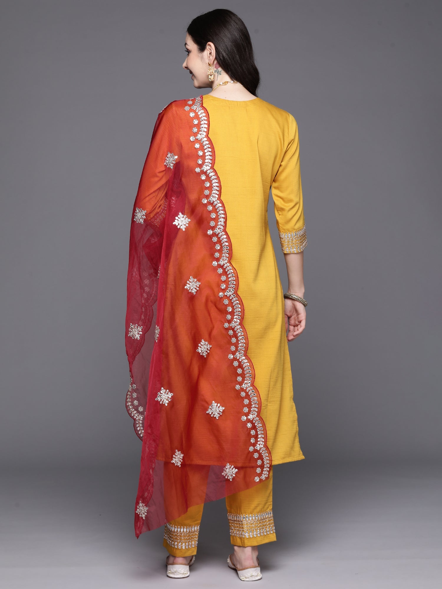 Indo Era Mustard Embroidered Straight Kurta Trousers With Dupatta Set - Distacart