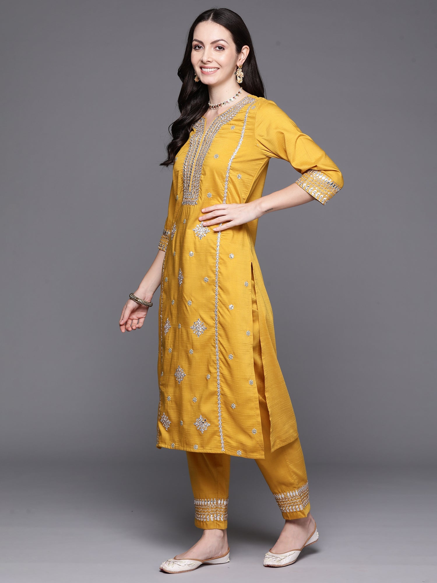 Indo Era Mustard Embroidered Straight Kurta Trousers With Dupatta Set - Distacart