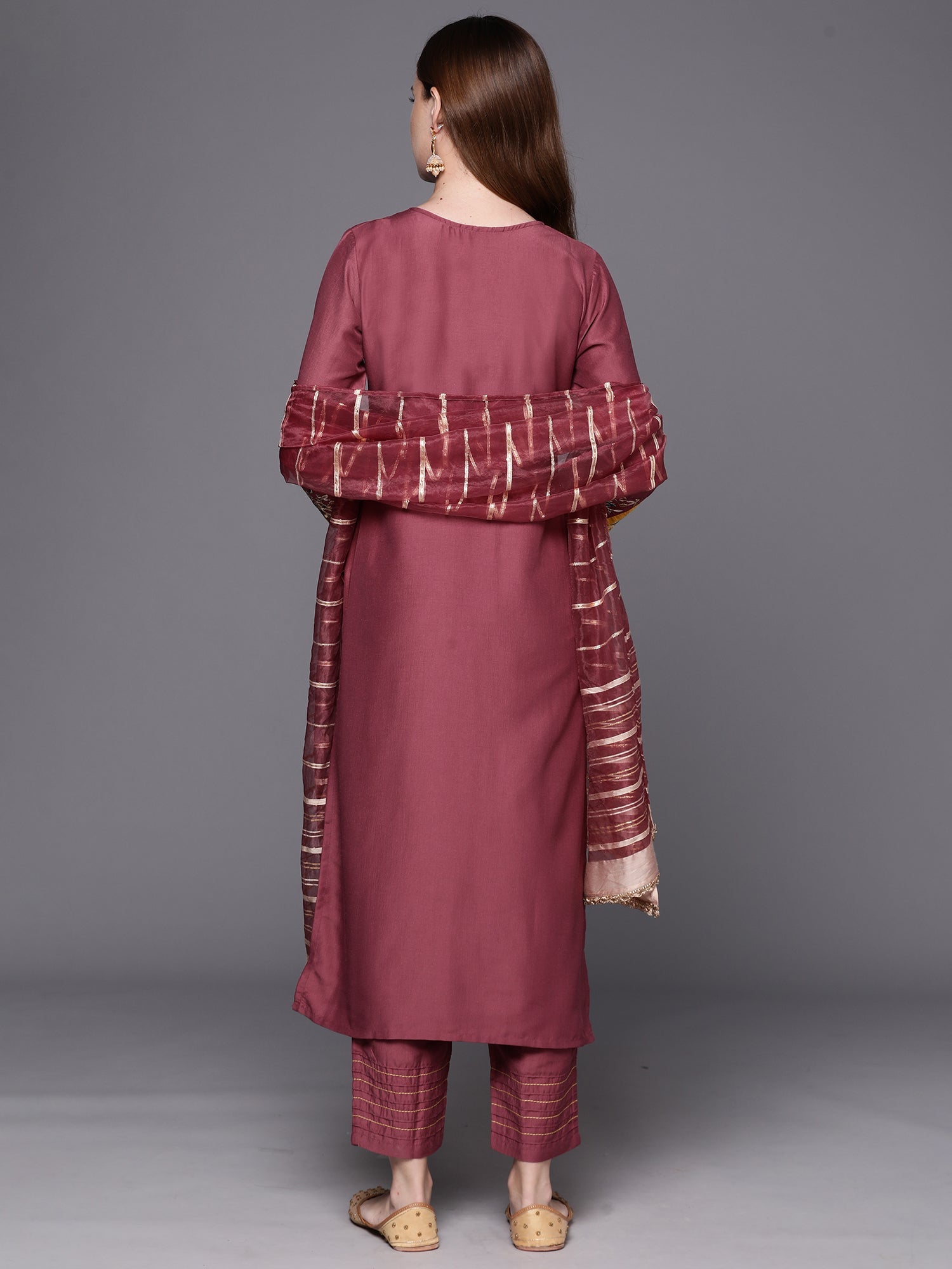Indo Era Mauve Embroidered Straight Kurta Trousers With Dupatta Set - Distacart