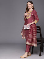Indo Era Mauve Embroidered Straight Kurta Trousers With Dupatta Set - Distacart