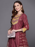 Indo Era Mauve Embroidered Straight Kurta Trousers With Dupatta Set - Distacart