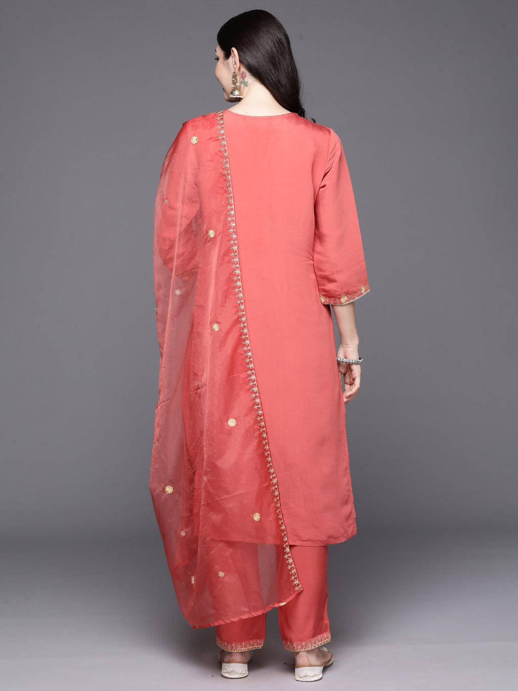 Indo Era Orange Embroidered Straight Kurta Trousers With Dupatta Set - Distacart