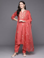 Indo Era Orange Embroidered Straight Kurta Trousers With Dupatta Set - Distacart