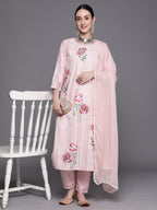 Indo Era Pink Embroidered Straight Kurta Trousers With Dupatta Set - Distacart