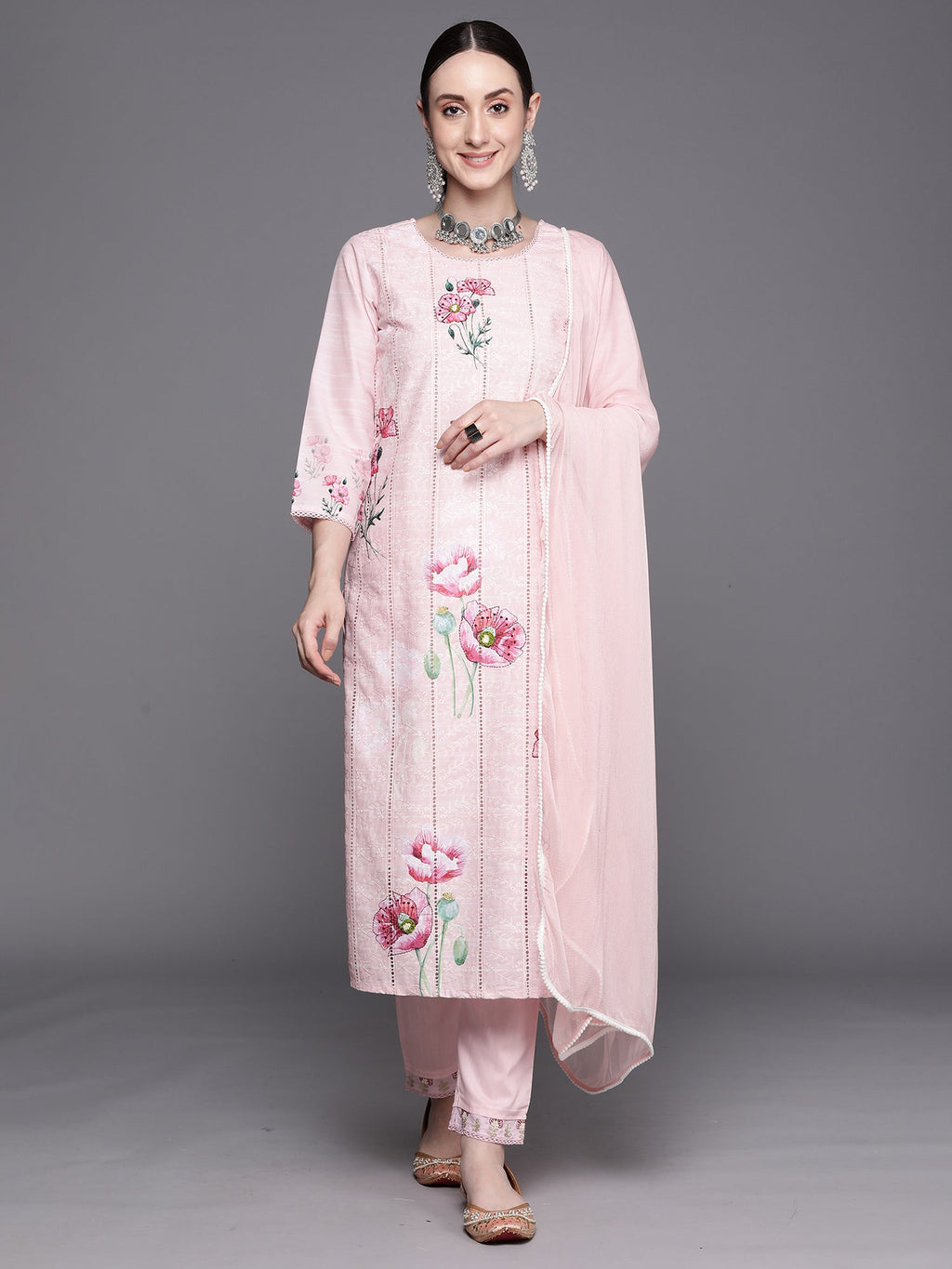 Indo Era Pink Embroidered Straight Kurta Trousers With Dupatta Set - Distacart