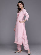 Indo Era Pink Embroidered Straight Kurta Trousers With Dupatta Set - Distacart