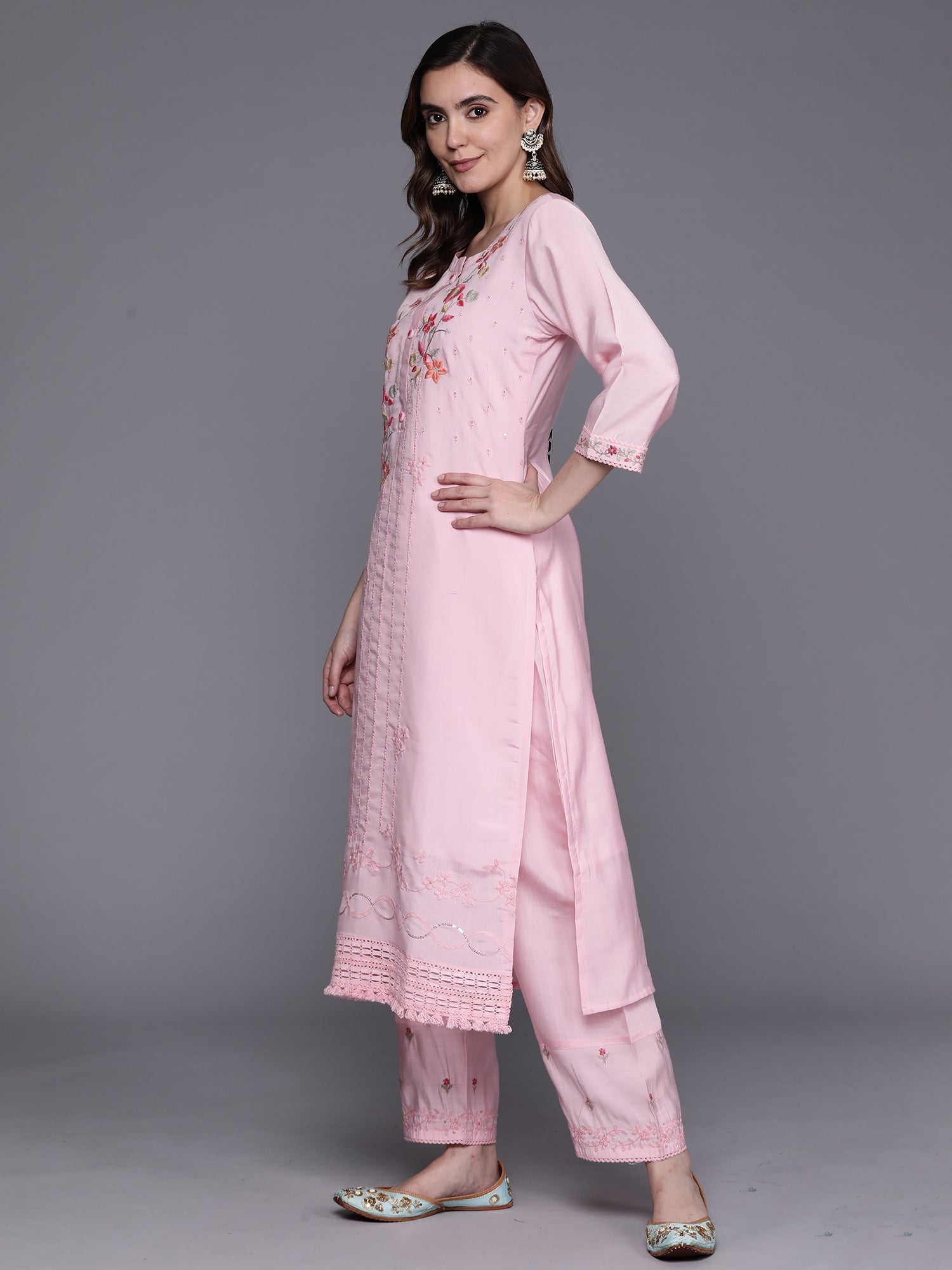 Indo Era Pink Embroidered Straight Kurta Trousers With Dupatta Set - Distacart