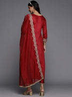 Indo Era Red Embroidered Straight Kurta Palazzos With Dupatta Set