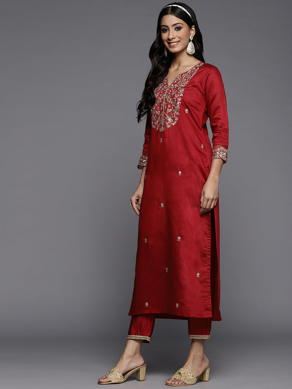Indo Era Red Embroidered Straight Kurta Palazzos With Dupatta Set
