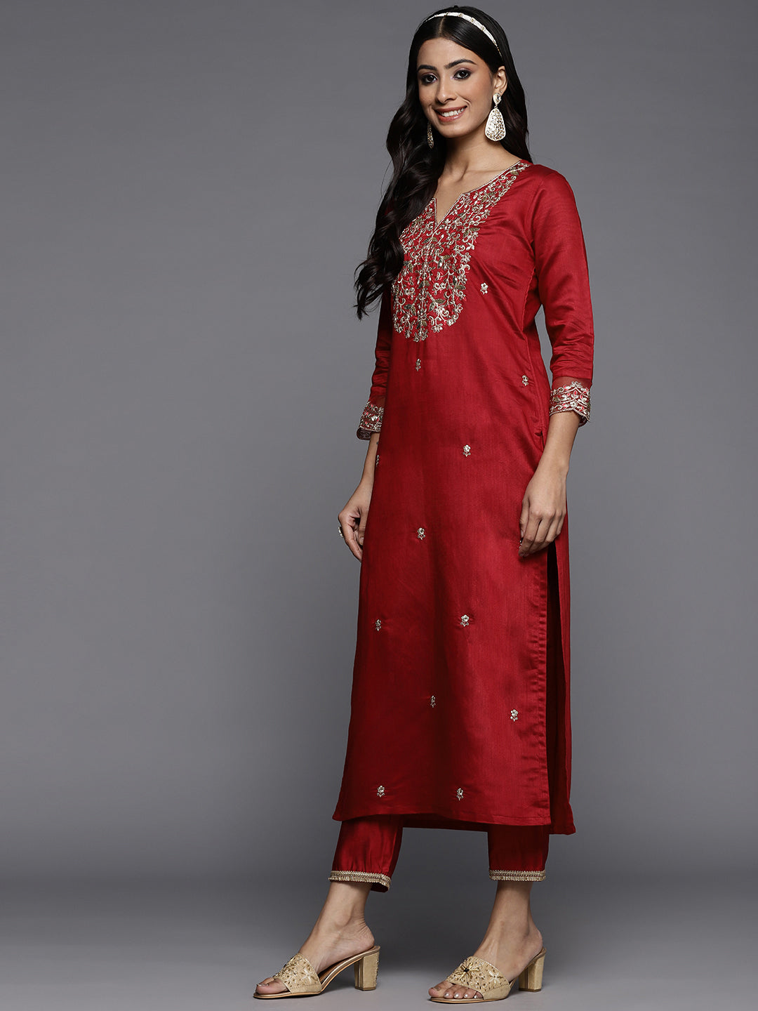 Indo Era Red Embroidered Straight Kurta Palazzos With Dupatta Set