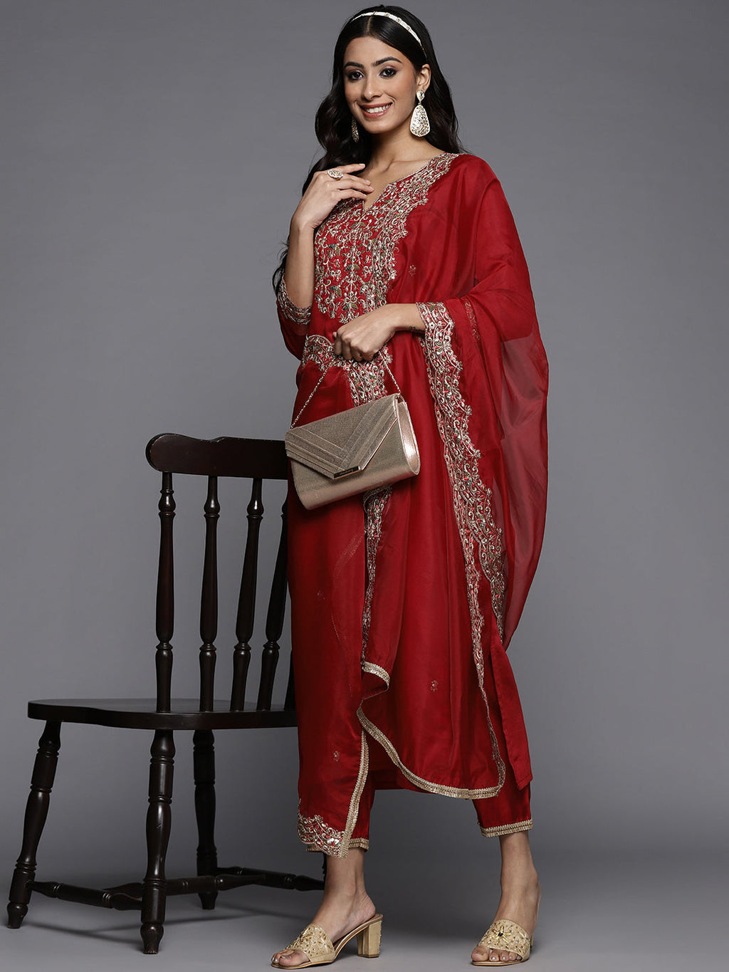 Indo Era Red Embroidered Straight Kurta Palazzos With Dupatta Set