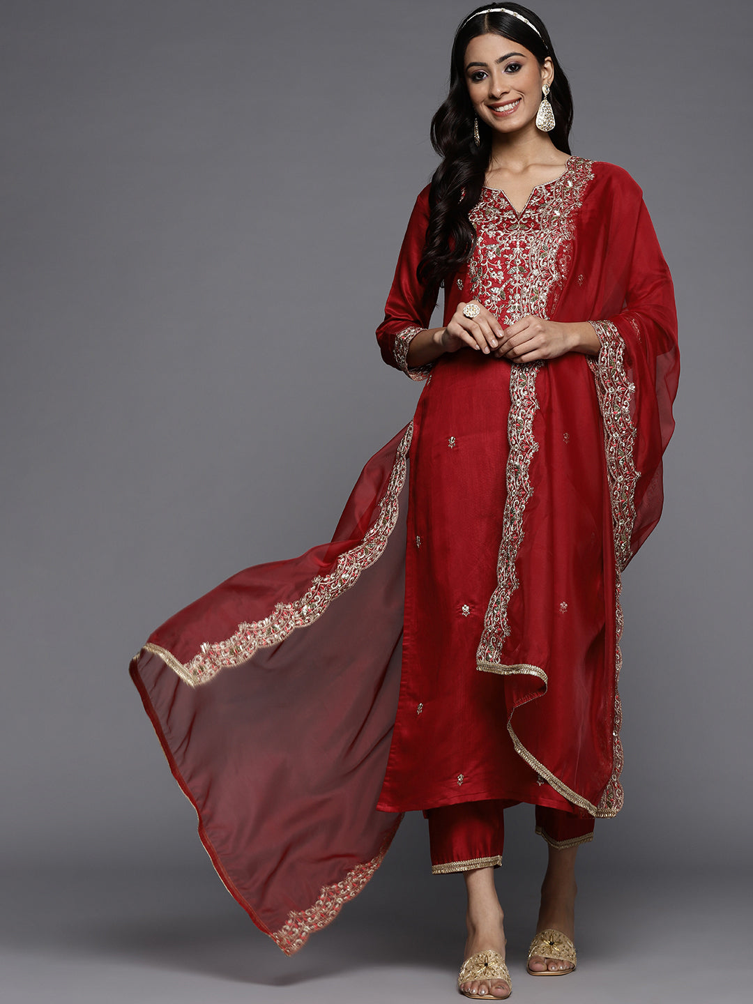 Indo Era Red Embroidered Straight Kurta Palazzos With Dupatta Set