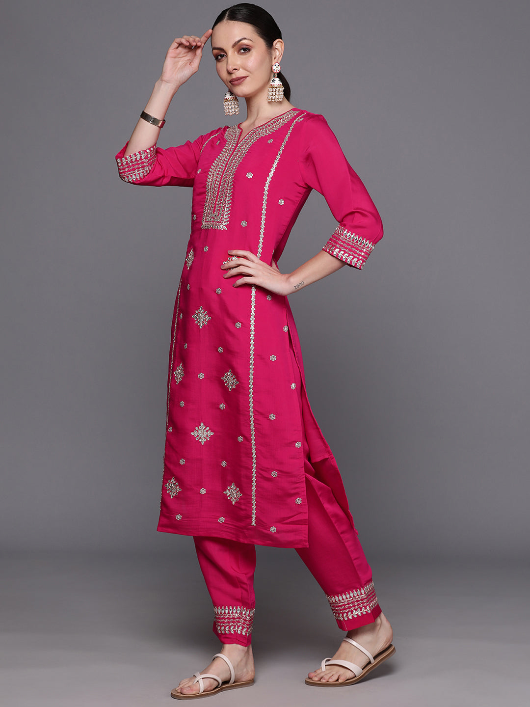 Indo Era Pink Embroidered Straight Kurta Trousers With Dupatta Set - Distacart