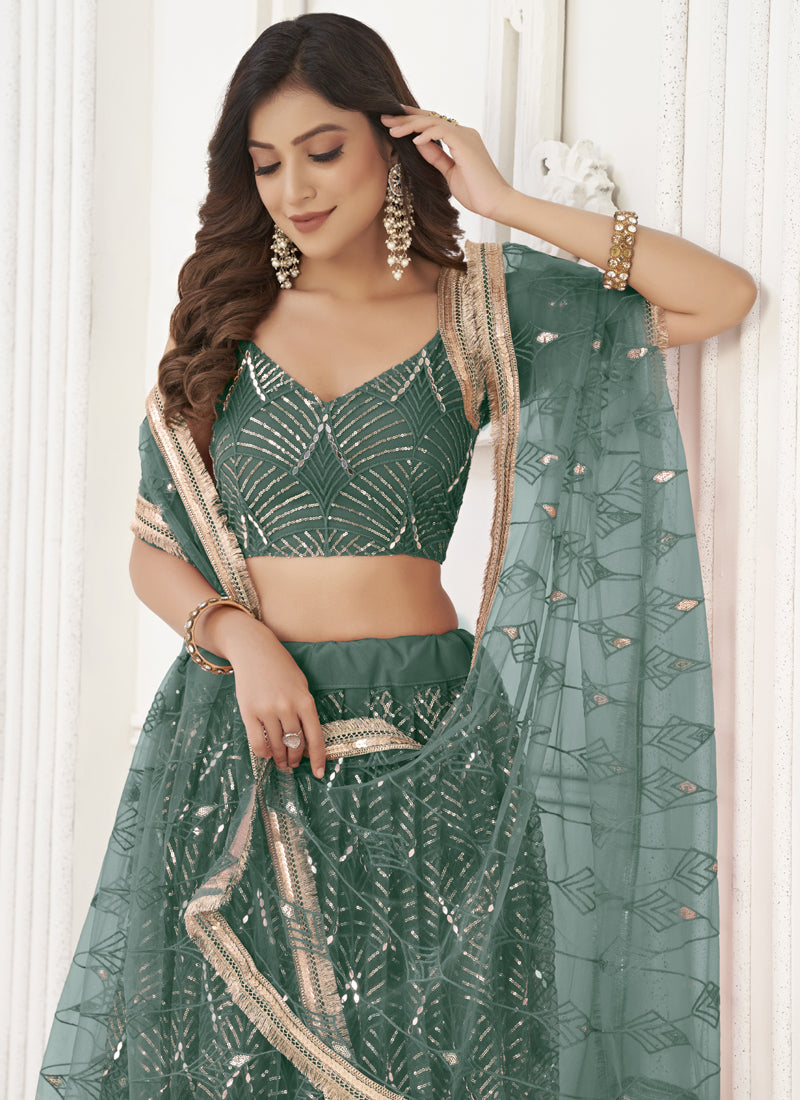 Vegaa Fashion Green Butterfly Net Embroidery Sequins Designer Lehenga