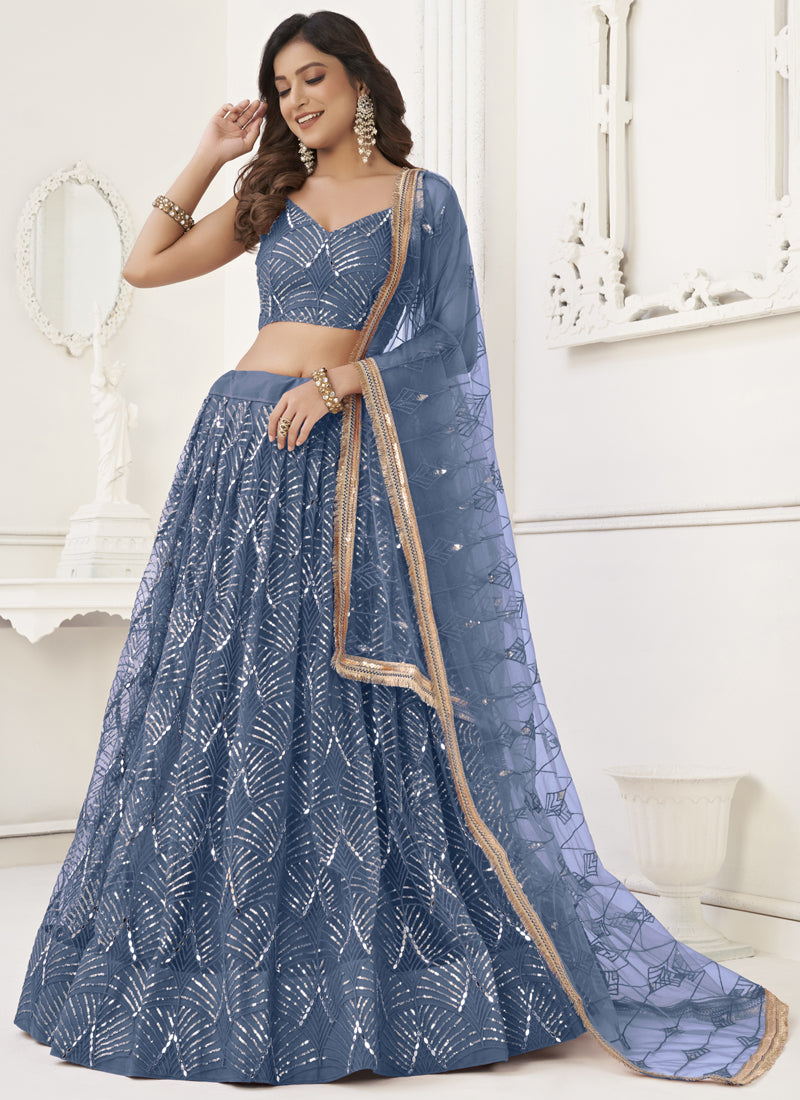 Vegaa Fashion Light Blue Butterfly Net Embroidery Sequins Designer Lehenga