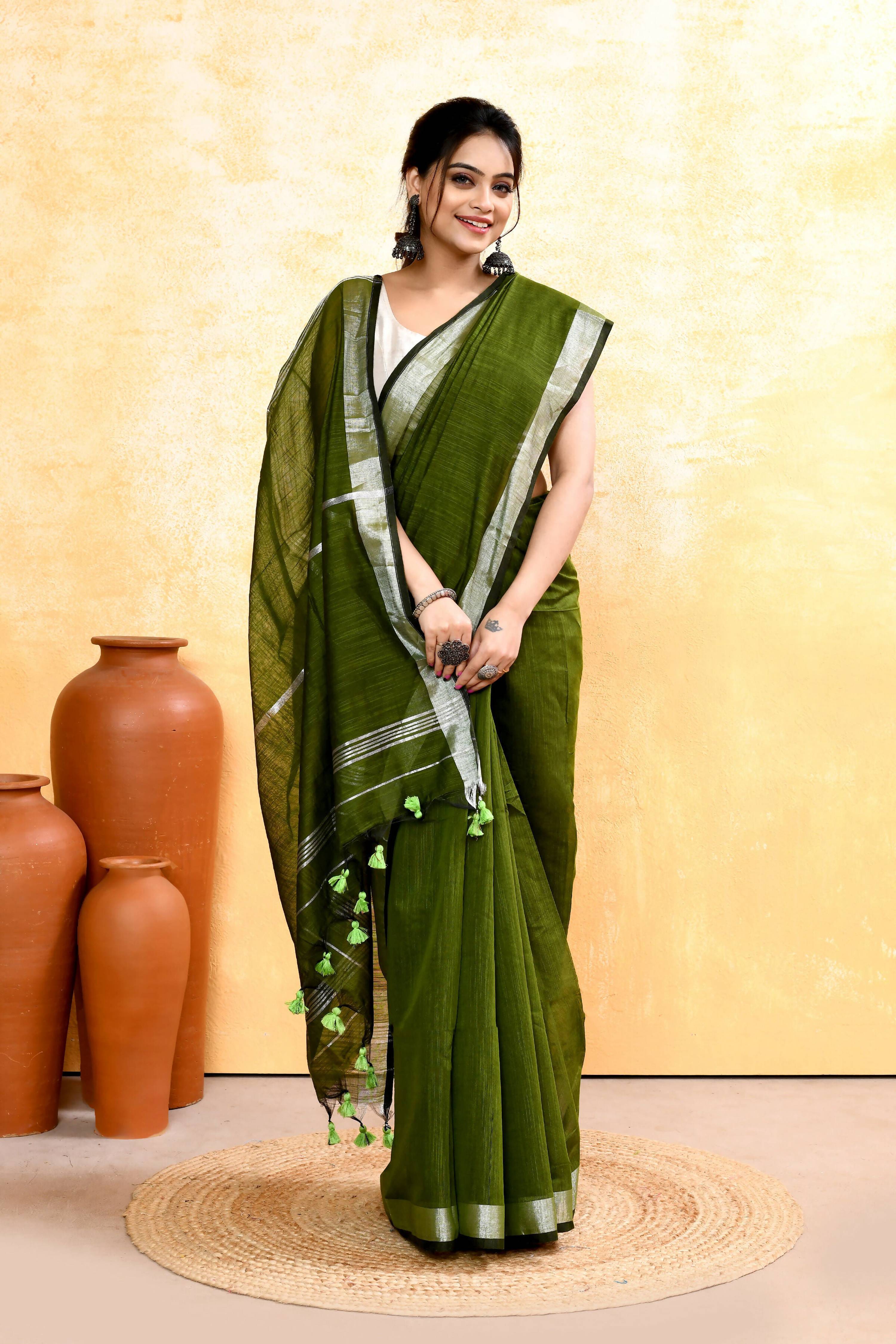 Piyari Fashion Women's Moss Green Embellished Cotton Blend Zari Border Handloom Saree - Distacart