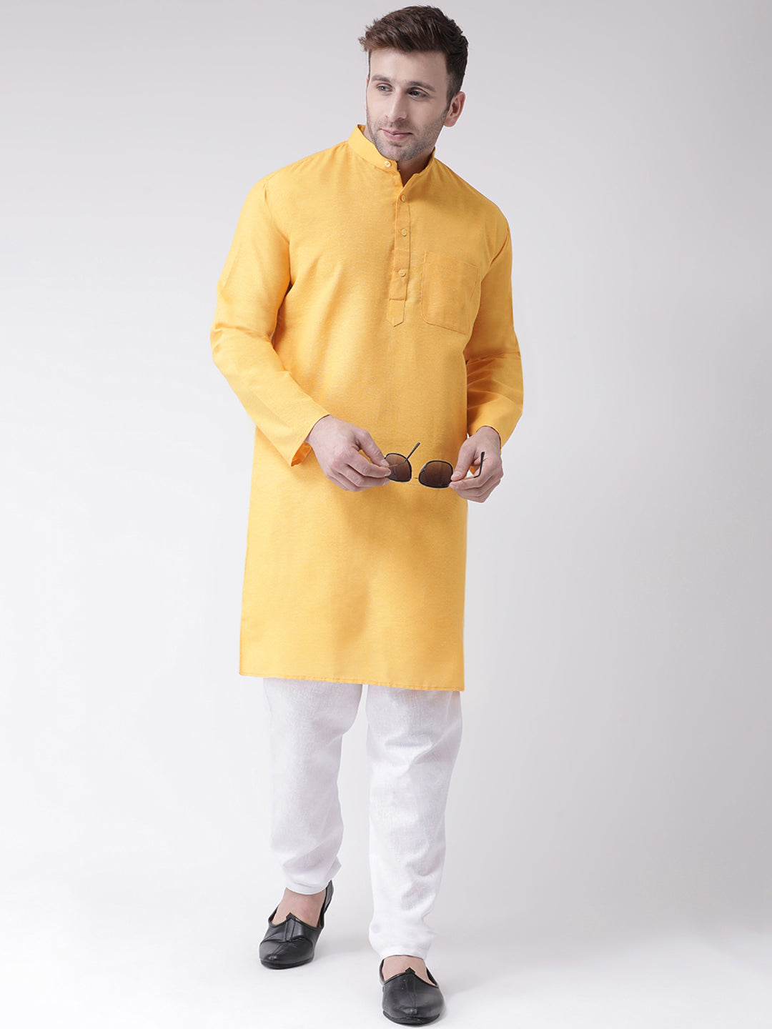 RIAG Men's Yellow Cotton Long Ethnic Kurta - Distacart