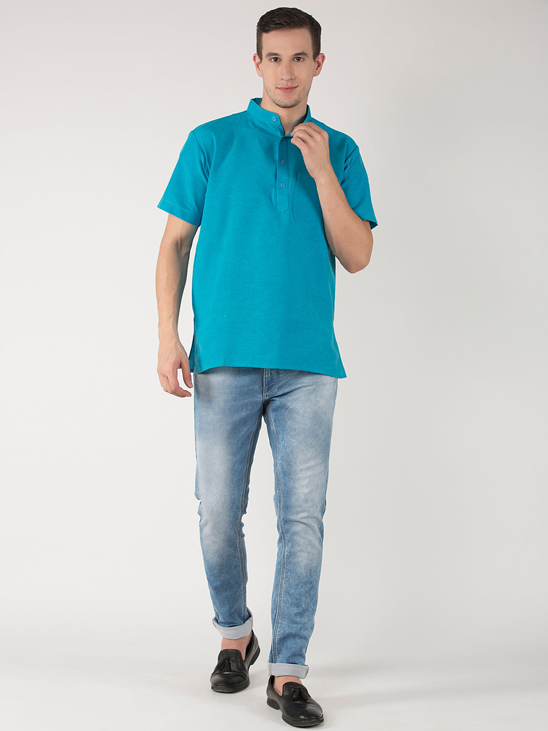 RIAG Men's Blue Cotton Short Ethnic Kurta - Distacart