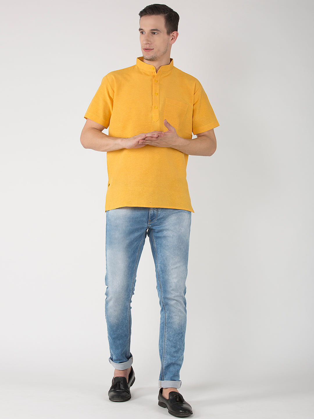 RIAG Men's Yellow Cotton Short Ethnic Kurta - Distacart