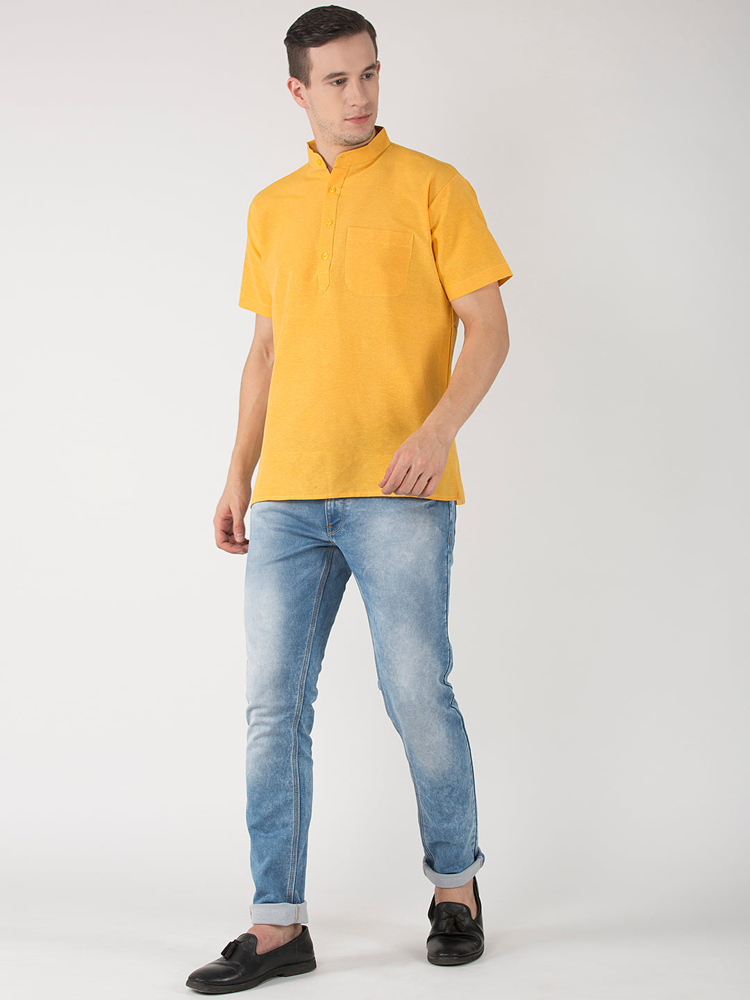 RIAG Men's Yellow Cotton Short Ethnic Kurta - Distacart