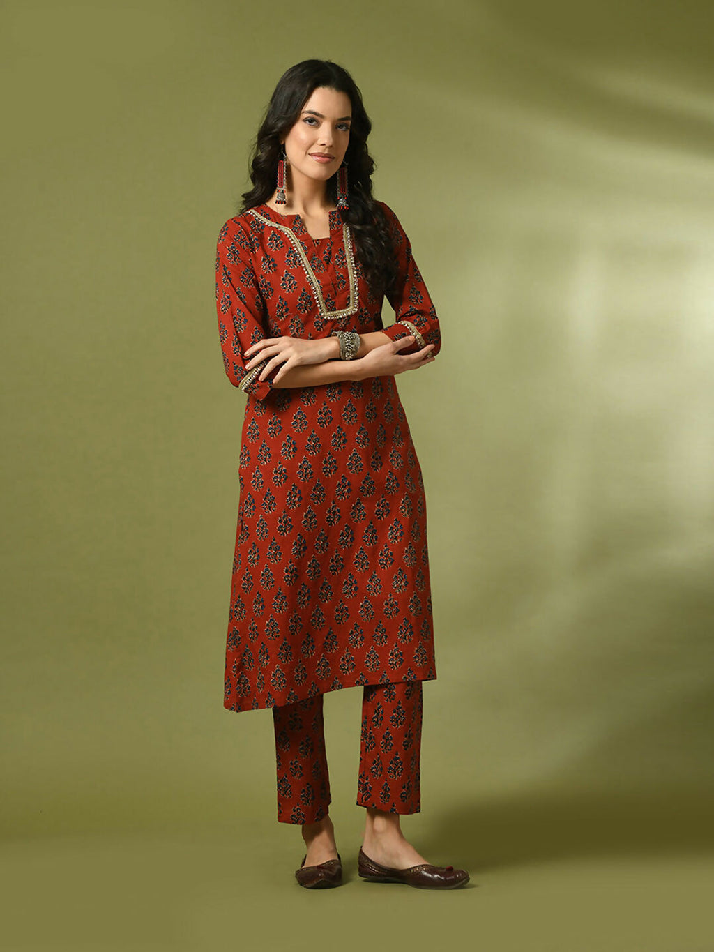 Myshka Women's Rust Printed Cotton Straight Party Kurta Set