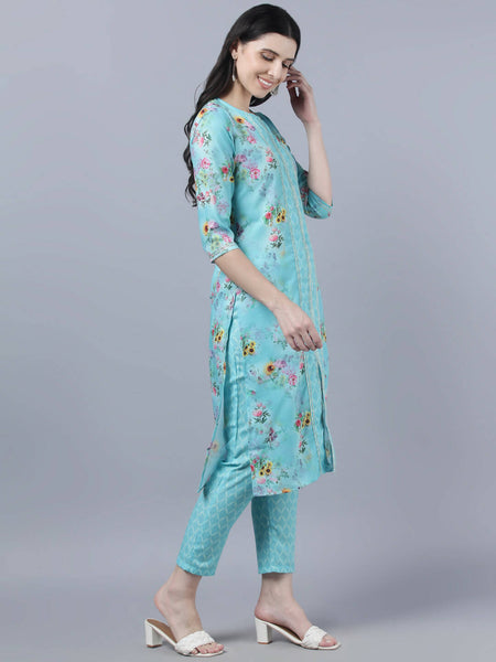 Myshka Women Blue Yellow Printed Kurta with Trousers