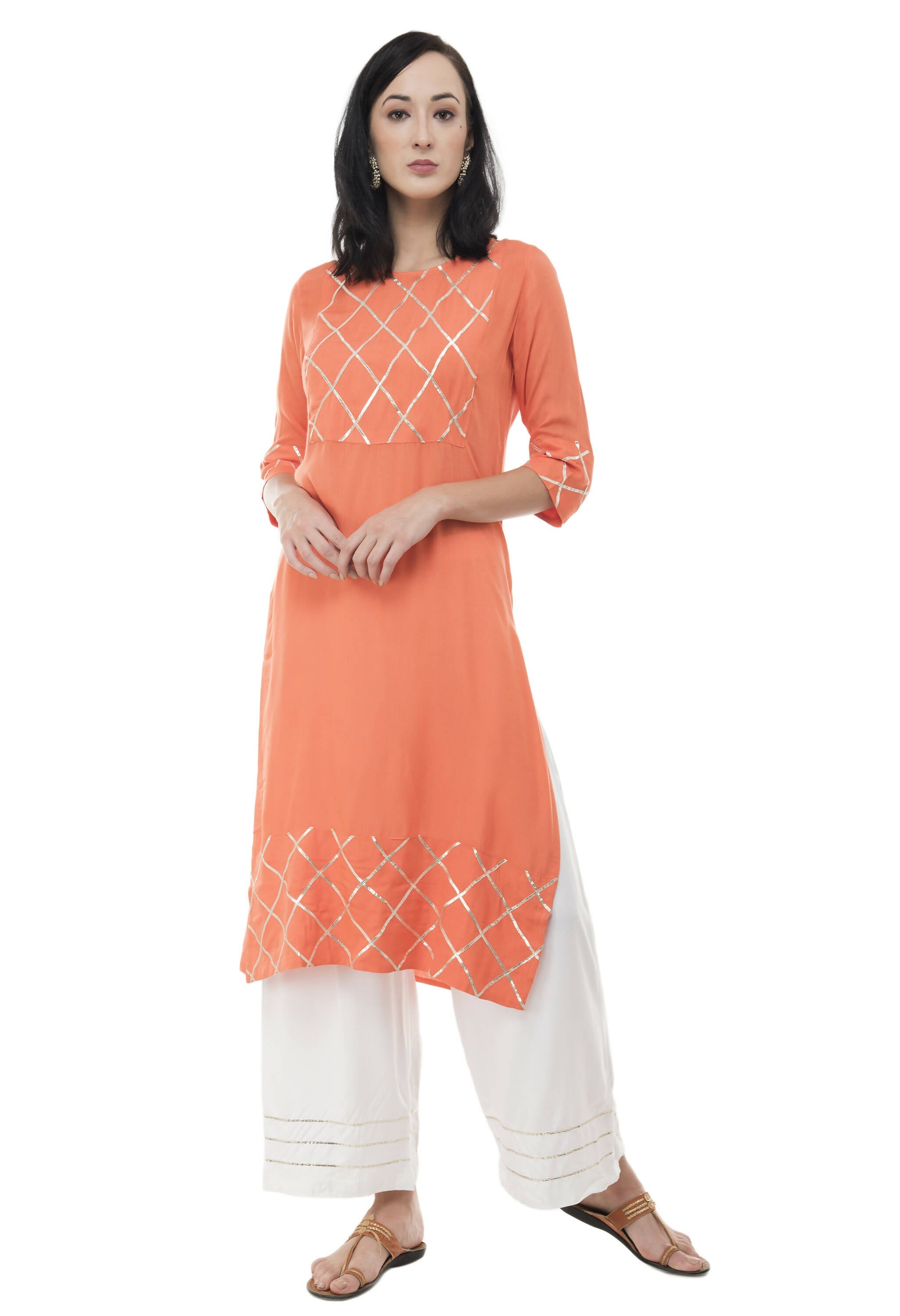 Women's Peach Kurti With Gota Work At Front, With Plain Palazzo - G & A Apparels