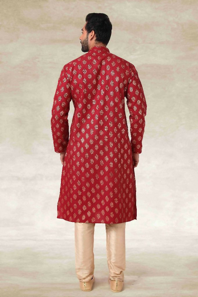 Raivat Ethnic Cotton Printed Work Kurta Pajama In Maroon Colour