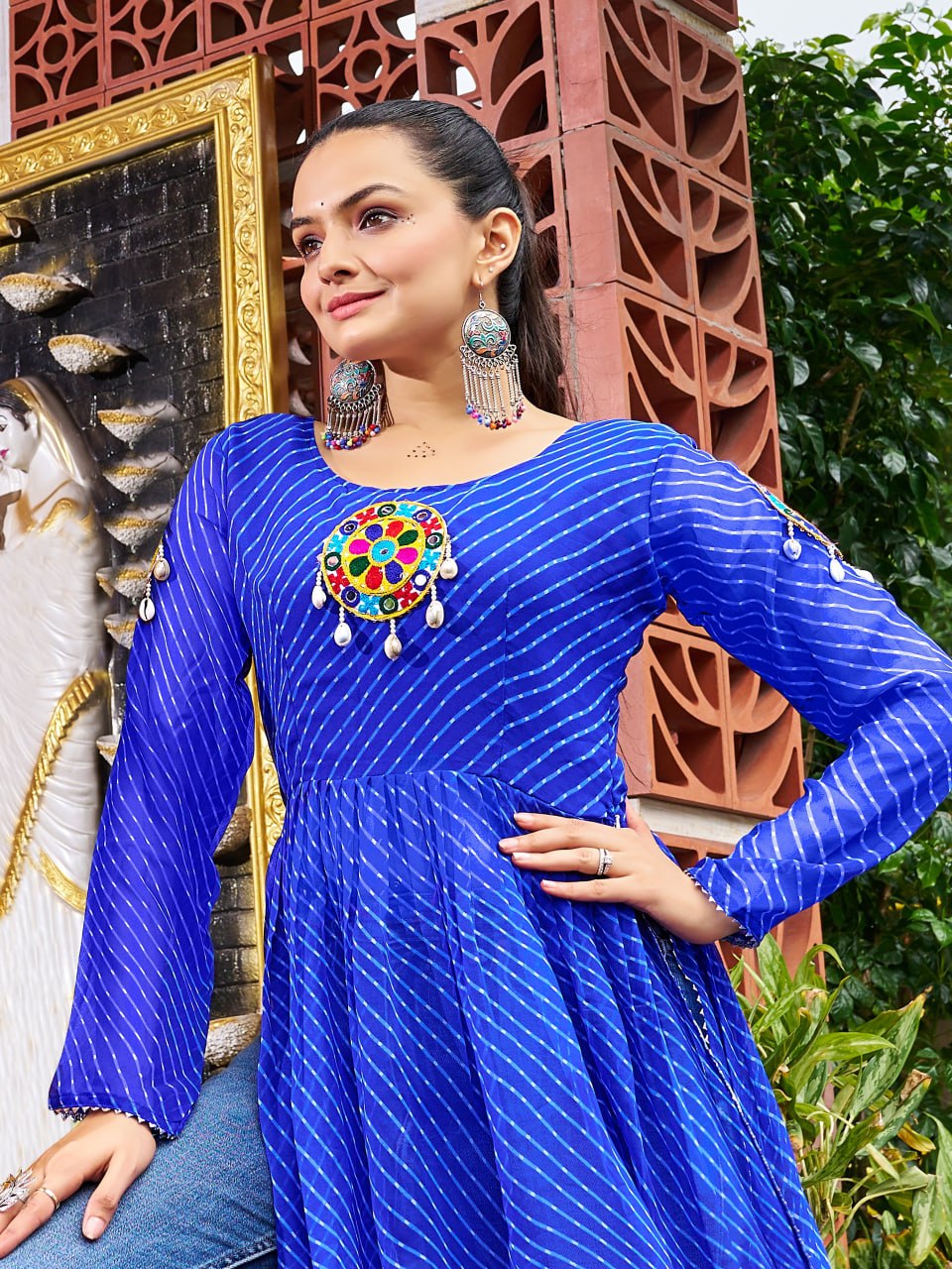 Prazu Fashion Blue Georgette Bandhani Print Work With Kutchi Patch-Work Navaratri Kurti - Distacart