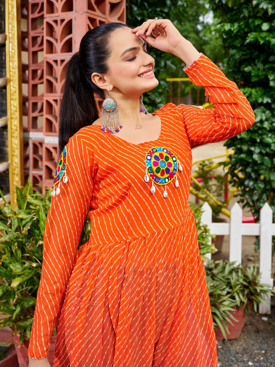 Prazu Fashion Fanta Georgette Bandhani Print Work With Kutchi Patch-Work Navaratri Kurti - Distacart