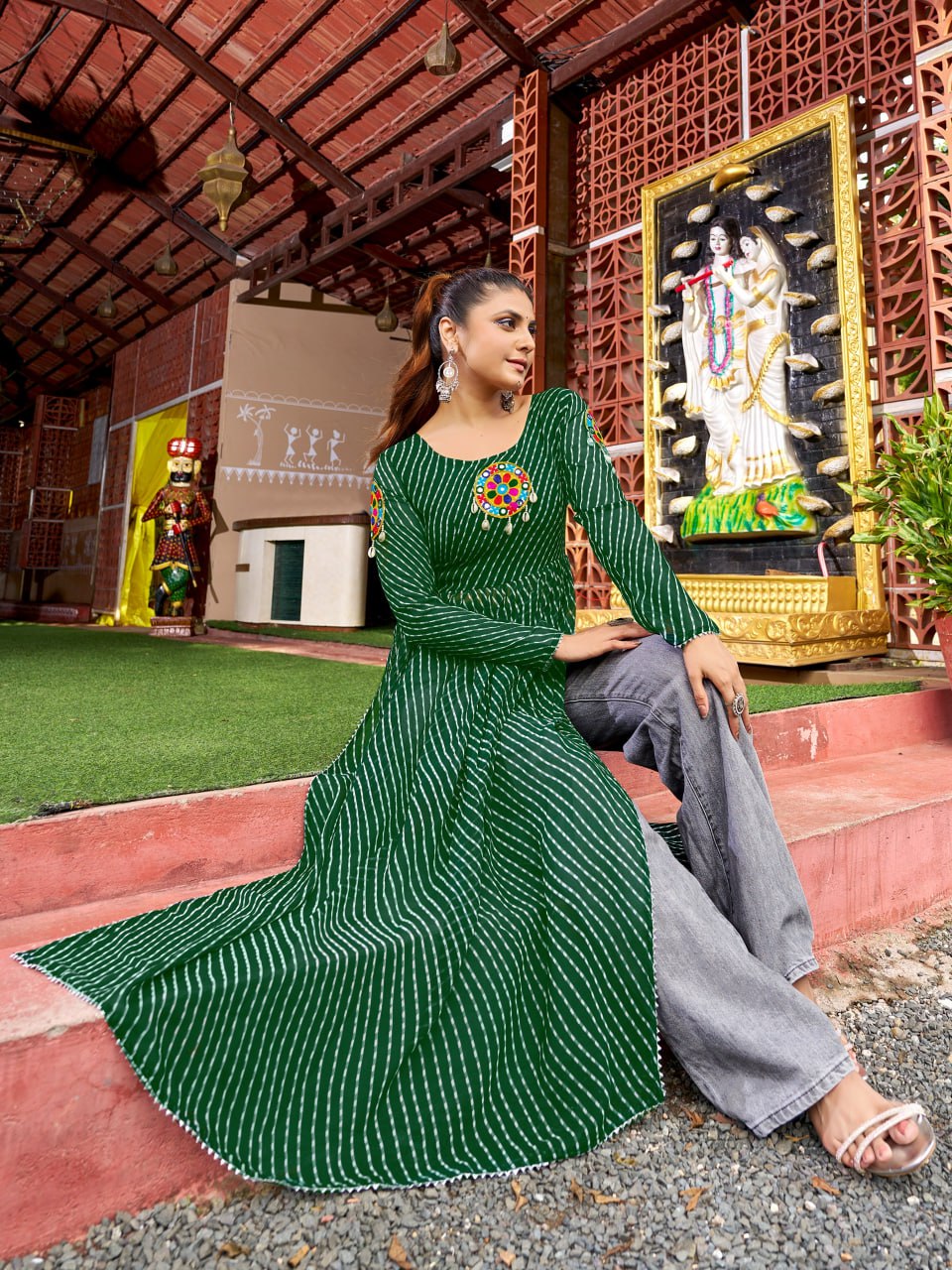 Prazu Fashion Green Georgette Bandhani Print Work With Kutchi Patch-Work Navaratri Kurti - Distacart