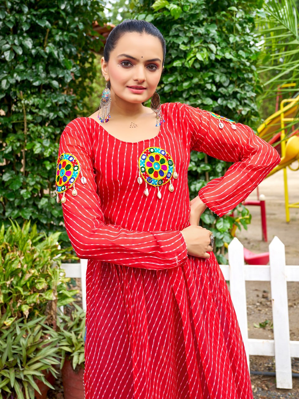 Prazu Fashion Red Georgette Bandhani Print Work With Kutchi Patch-Work Navaratri Kurti - Distacart