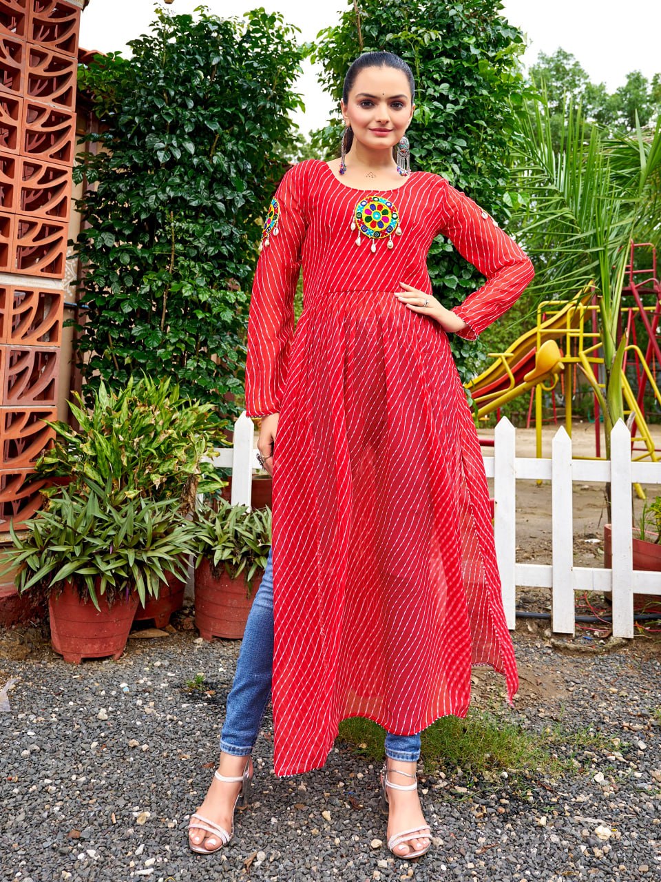 Prazu Fashion Red Georgette Bandhani Print Work With Kutchi Patch-Work Navaratri Kurti - Distacart