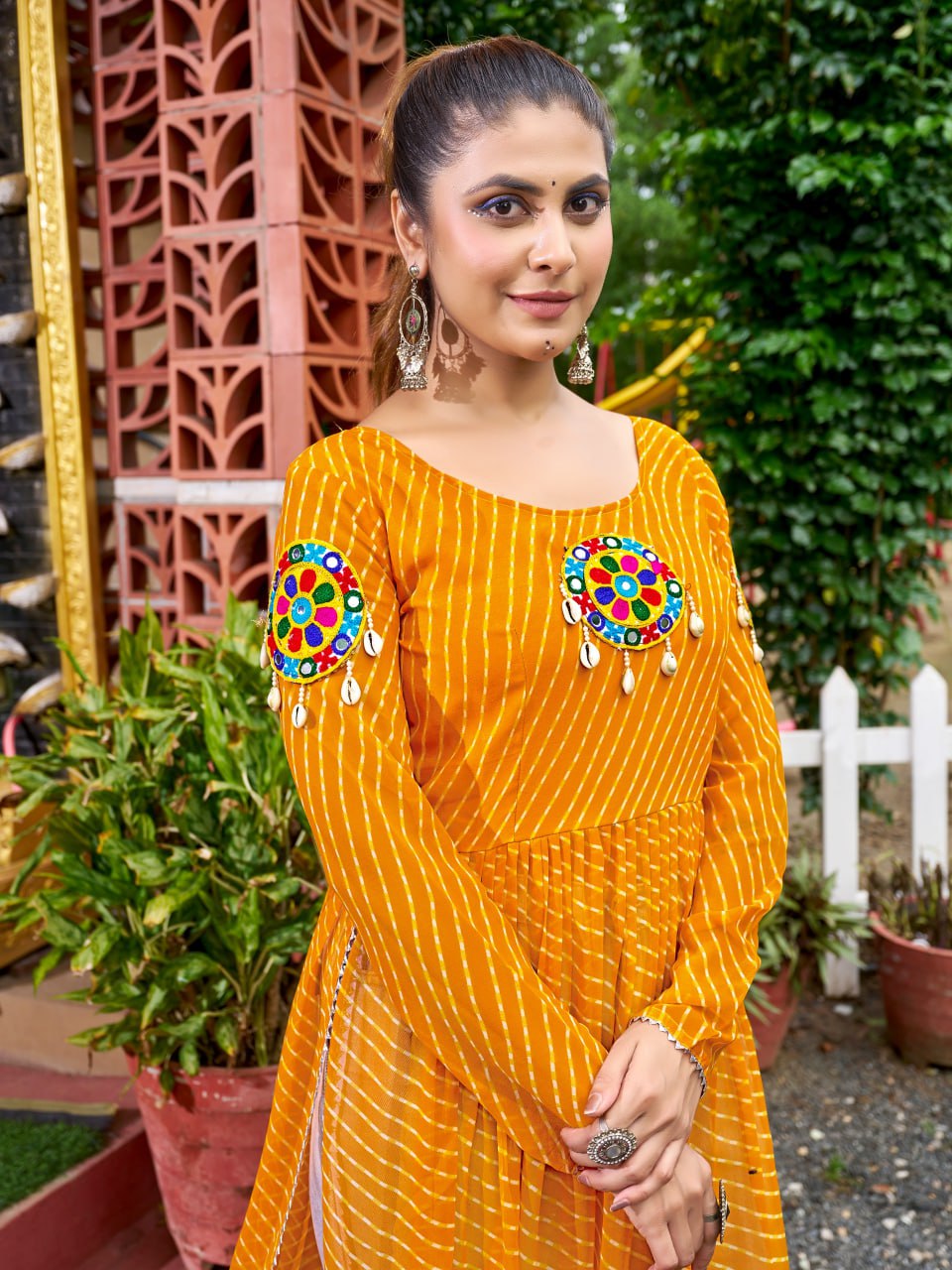 Prazu Fashion Yellow Georgette Bandhani Print Work With Kutchi Patch-Work Navaratri Kurti - Distacart