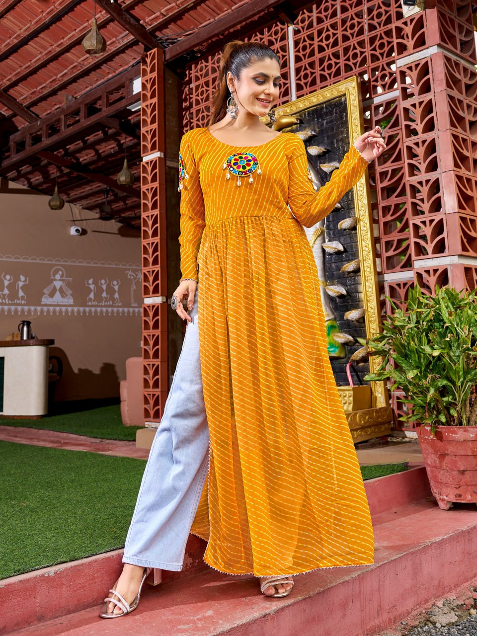 Prazu Fashion Yellow Georgette Bandhani Print Work With Kutchi Patch-Work Navaratri Kurti - Distacart