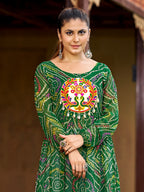 Prazu Fashion Green Georgette Bandhani Print Work With Kutchi Patch-Work Navaratri Kurti - Distacart