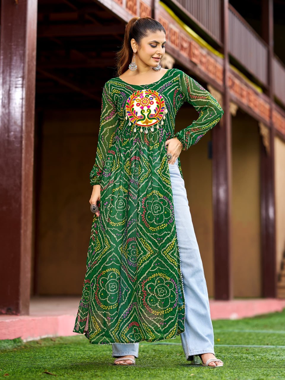 Prazu Fashion Green Georgette Bandhani Print Work With Kutchi Patch-Work Navaratri Kurti - Distacart